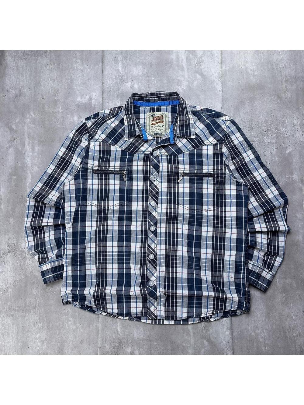 Y2K Navy JNCO Jeans Grunge Plaid Skater Long Sleeve Button Up Shirt